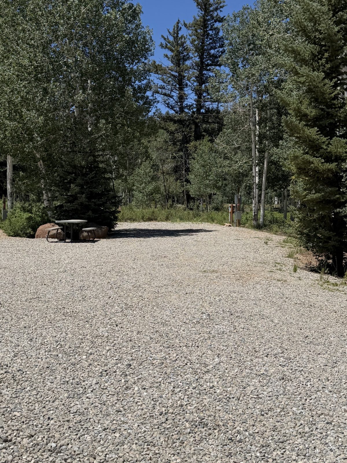Gravel RV site with picnic table and wooded surroundings